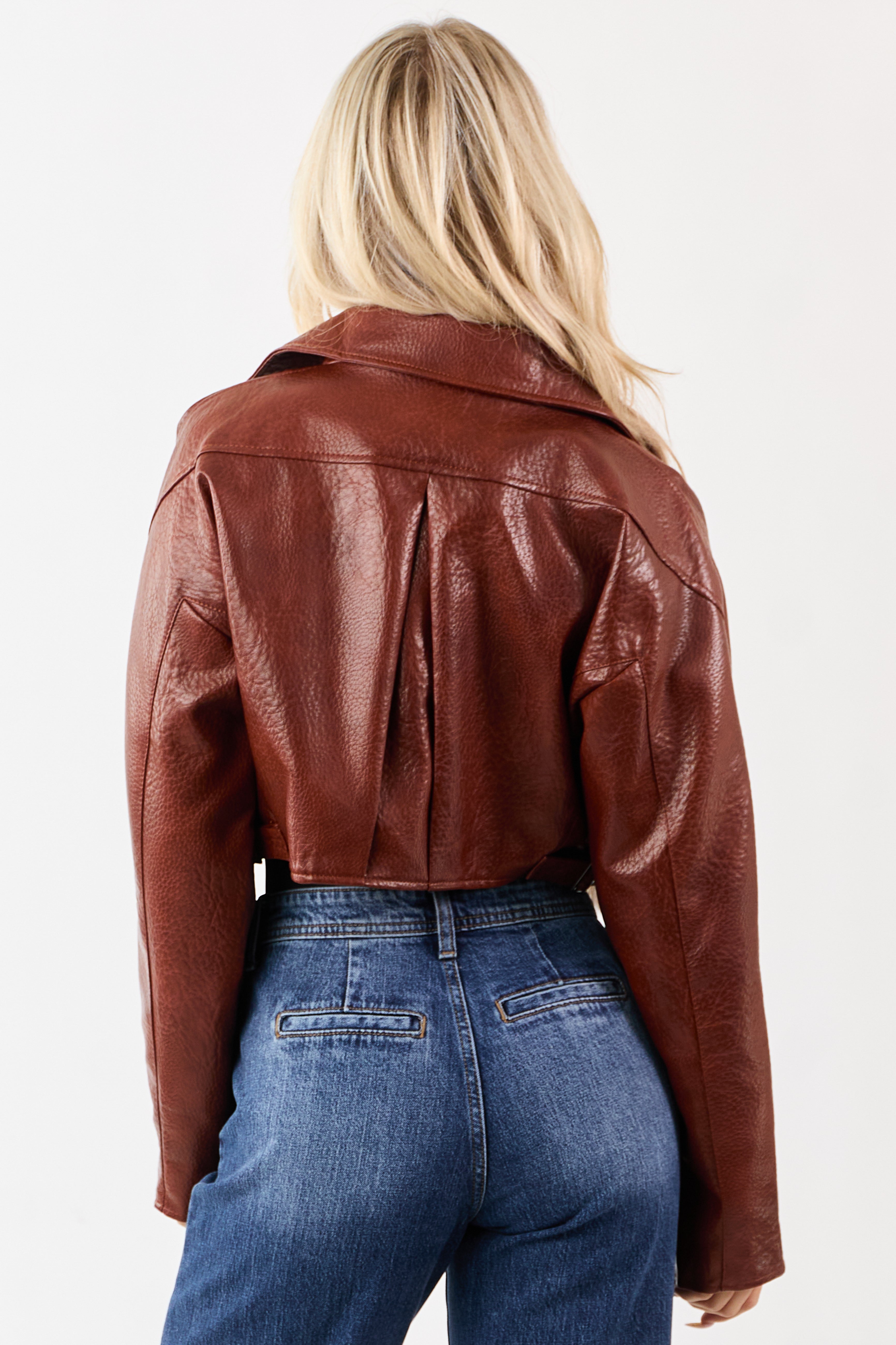 Cinnamon Faux Leather Cropped Zip Up Moto Jacket