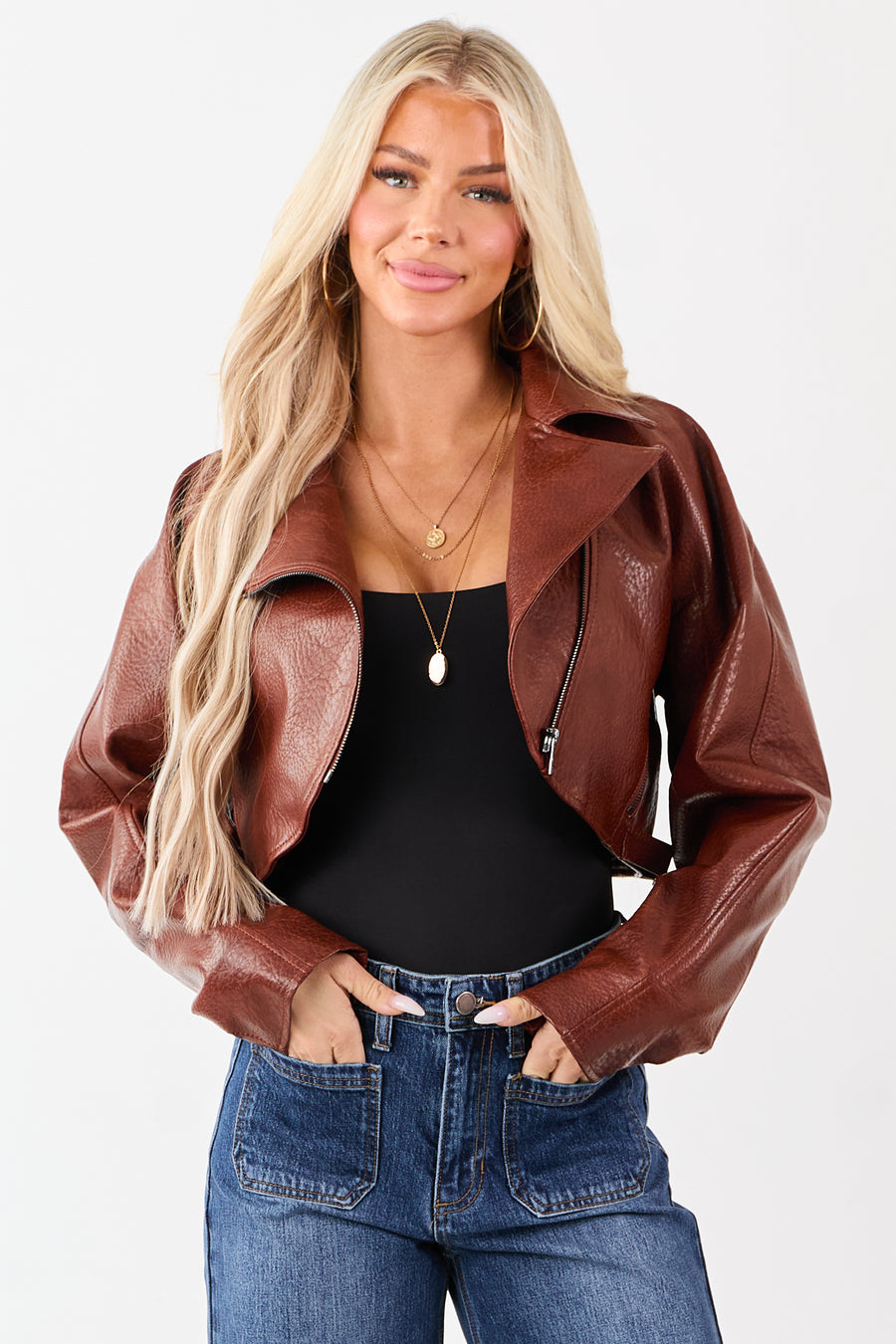 Cinnamon Faux Leather Cropped Zip Up Moto Jacket