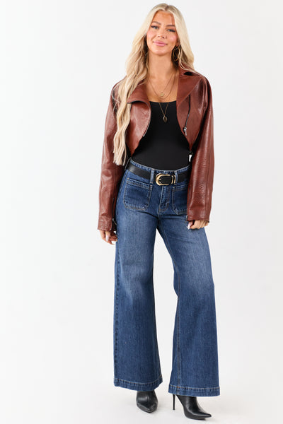 Cinnamon Faux Leather Cropped Zip Up Moto Jacket