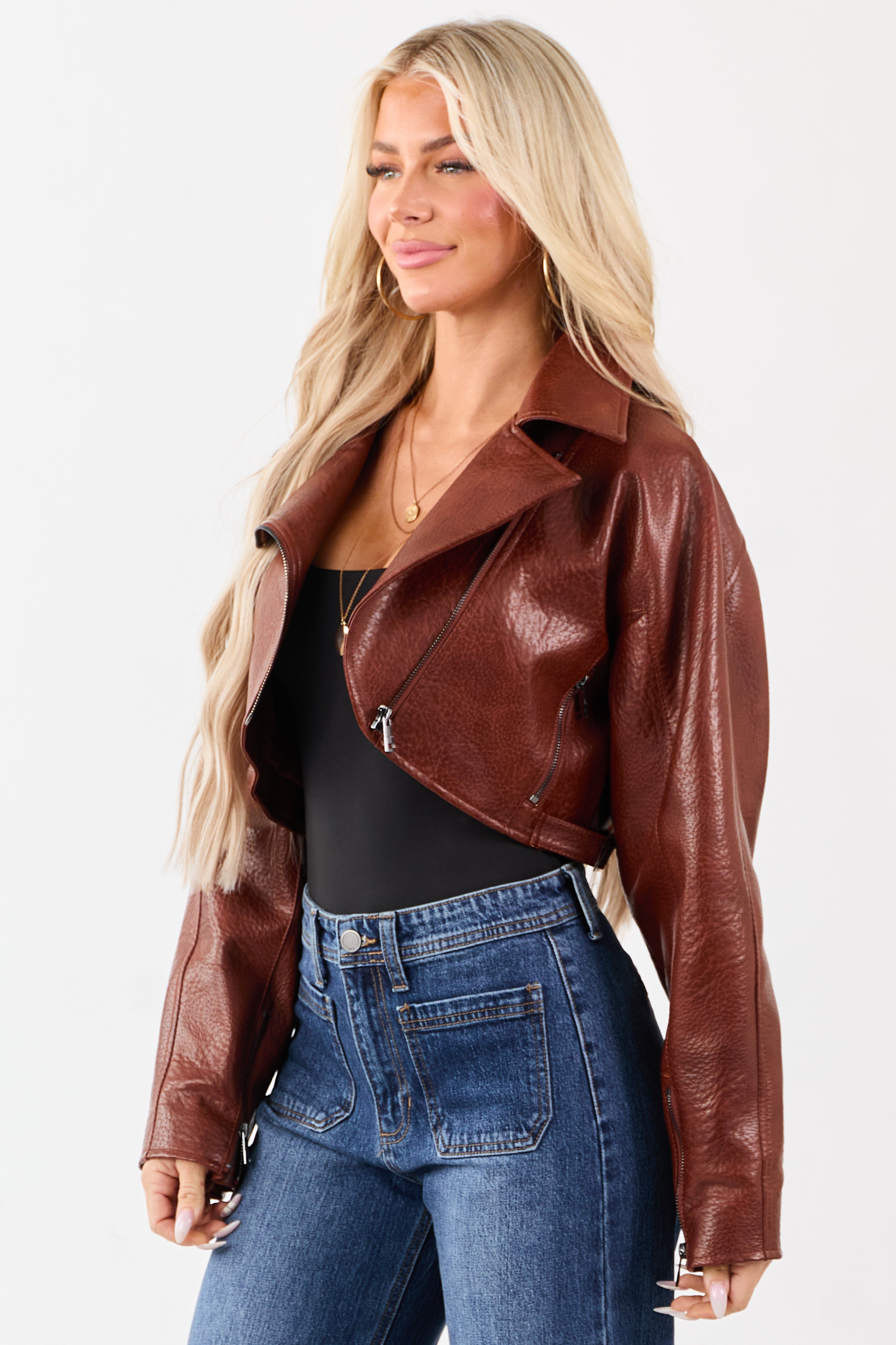 Cinnamon Faux Leather Cropped Zip Up Moto Jacket
