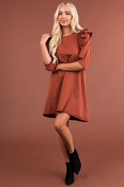 Cinnamon French Terry Ruffle Sleeve Short Dress