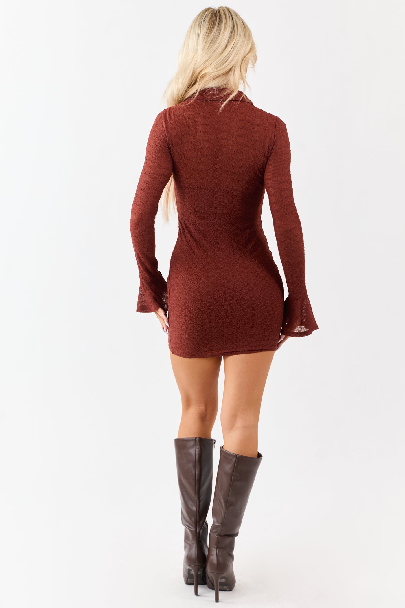 Cinnamon Lace Mesh Flare Sleeve Mini Dress
