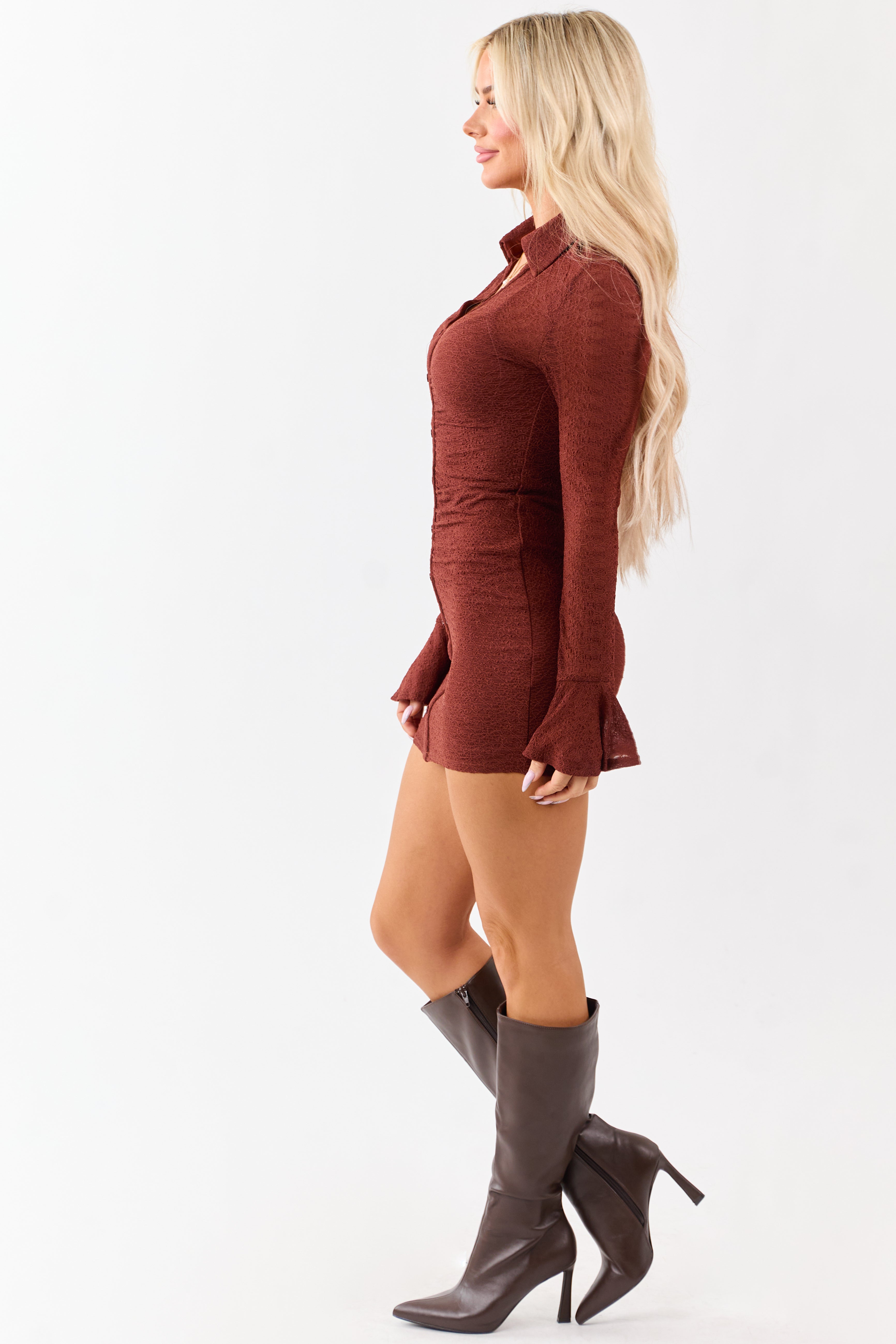 Cinnamon Lace Mesh Flare Sleeve Mini Dress