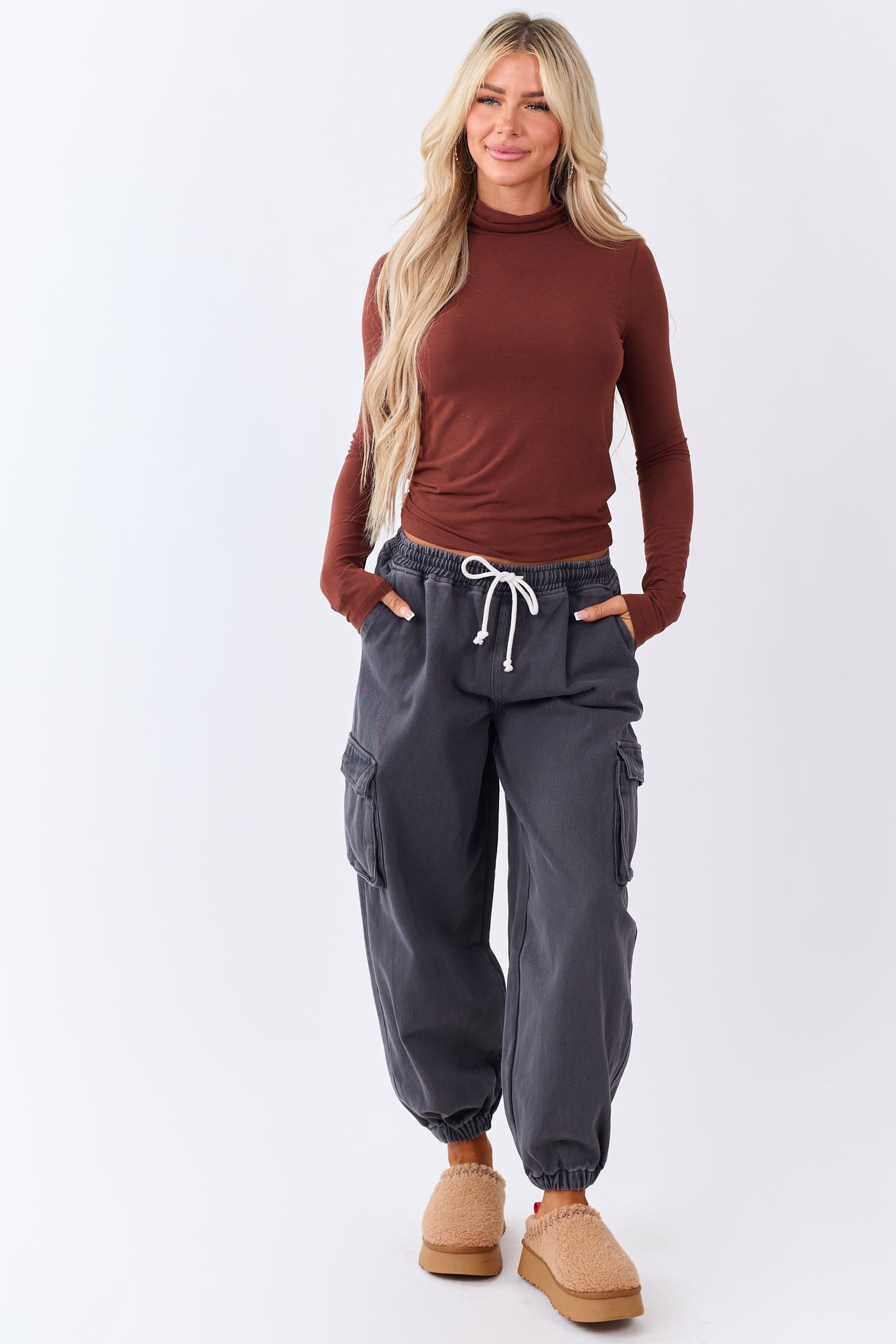 Cinnamon Mock Neck Long Sleeve Fitted Knit Top