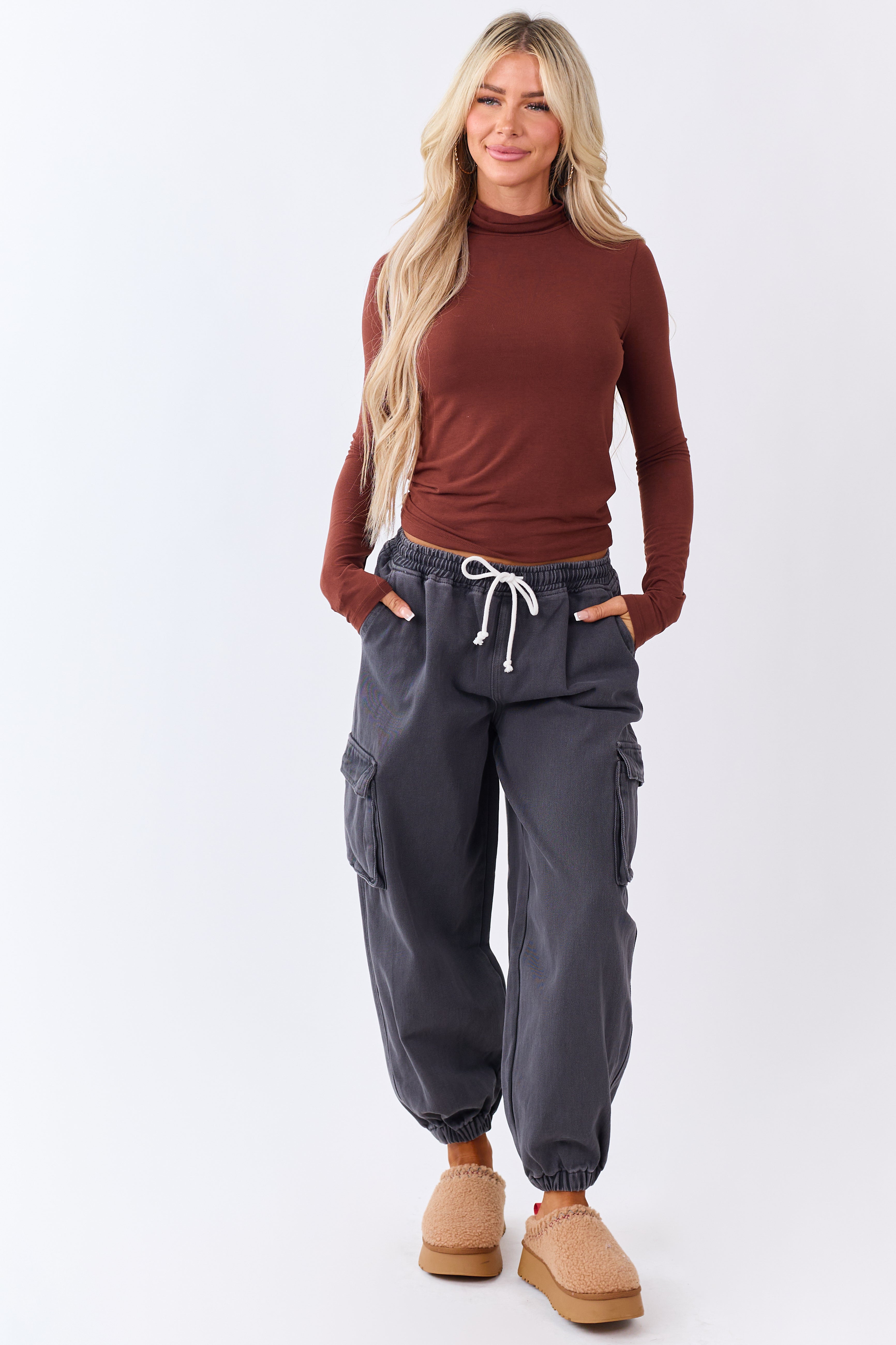 Cinnamon Mock Neck Long Sleeve Fitted Knit Top