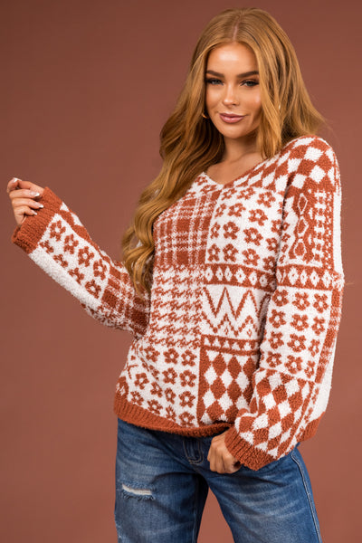 Cinnamon Multi Printed Soft V Neck Sweater