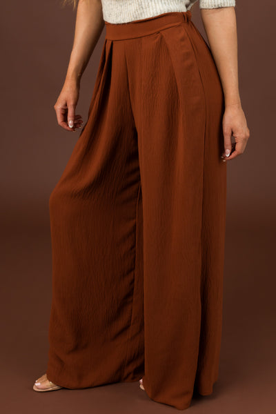 Cinnamon Pleated Wide Leg Flowy Elastic Waist Pants