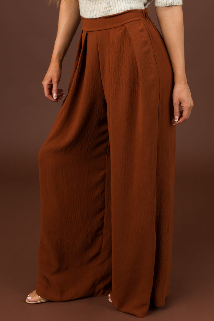 Cinnamon Pleated Wide Leg Flowy Elastic Waist Pants