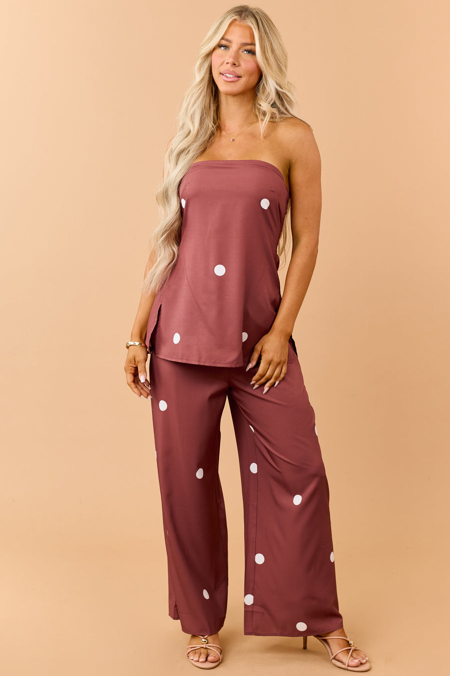 Cinnamon Polka Dot Strapless Top and Pants Set