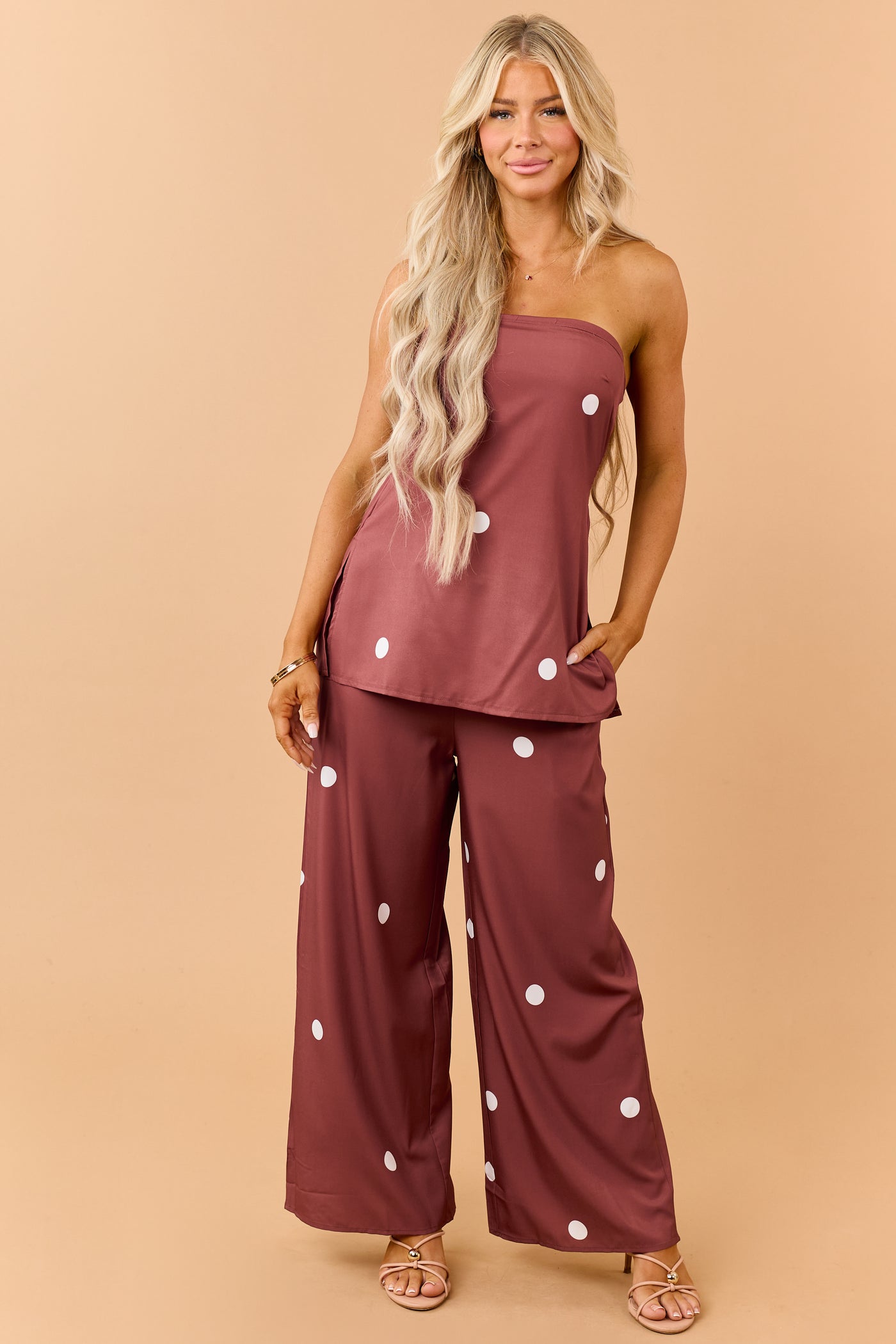 Cinnamon Polka Dot Strapless Top and Pants Set