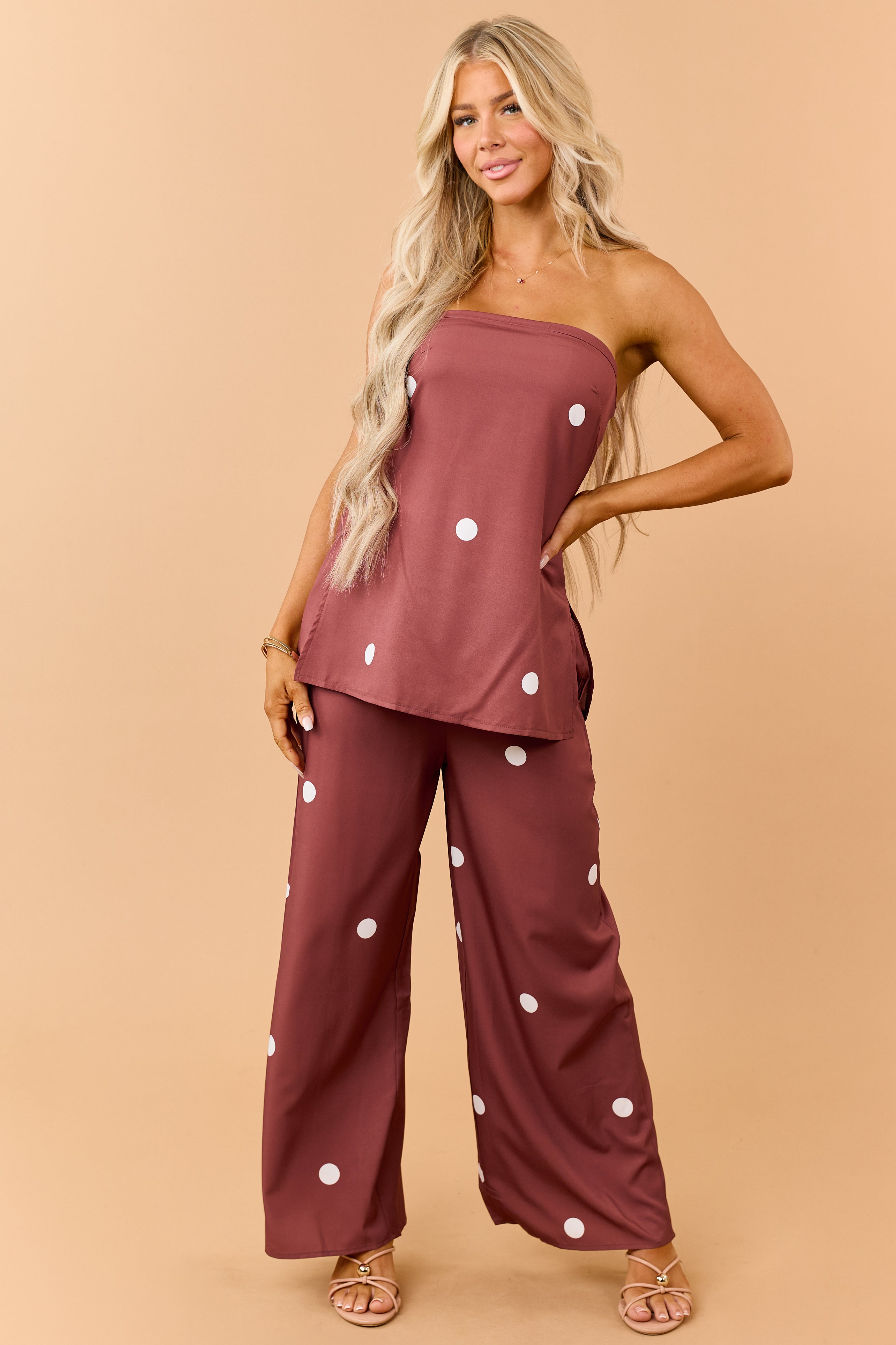 Cinnamon Polka Dot Strapless Top and Pants Set