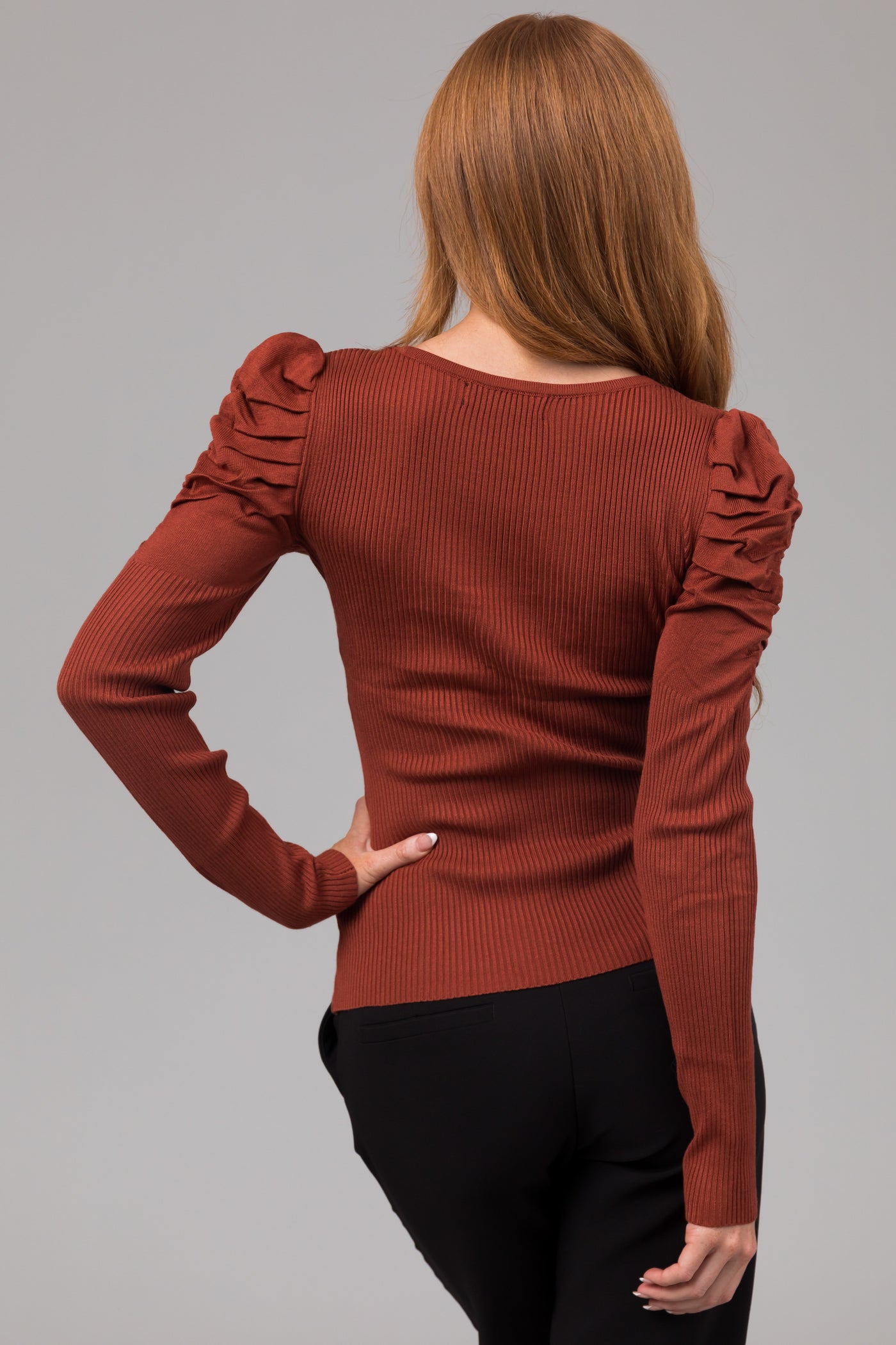 Cinnamon Ruched Puff Shoulder Ribbed Knit Top