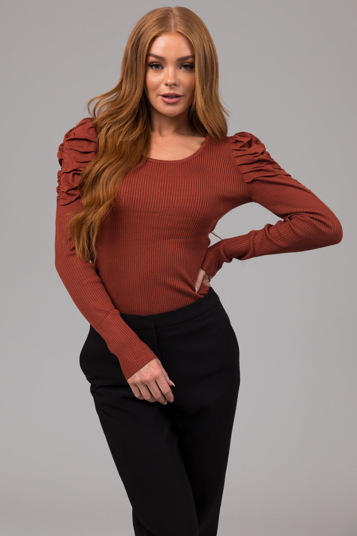 Cinnamon Ruched Puff Shoulder Ribbed Knit Top
