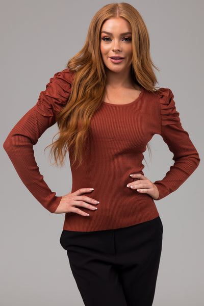 Cinnamon Ruched Puff Shoulder Ribbed Knit Top