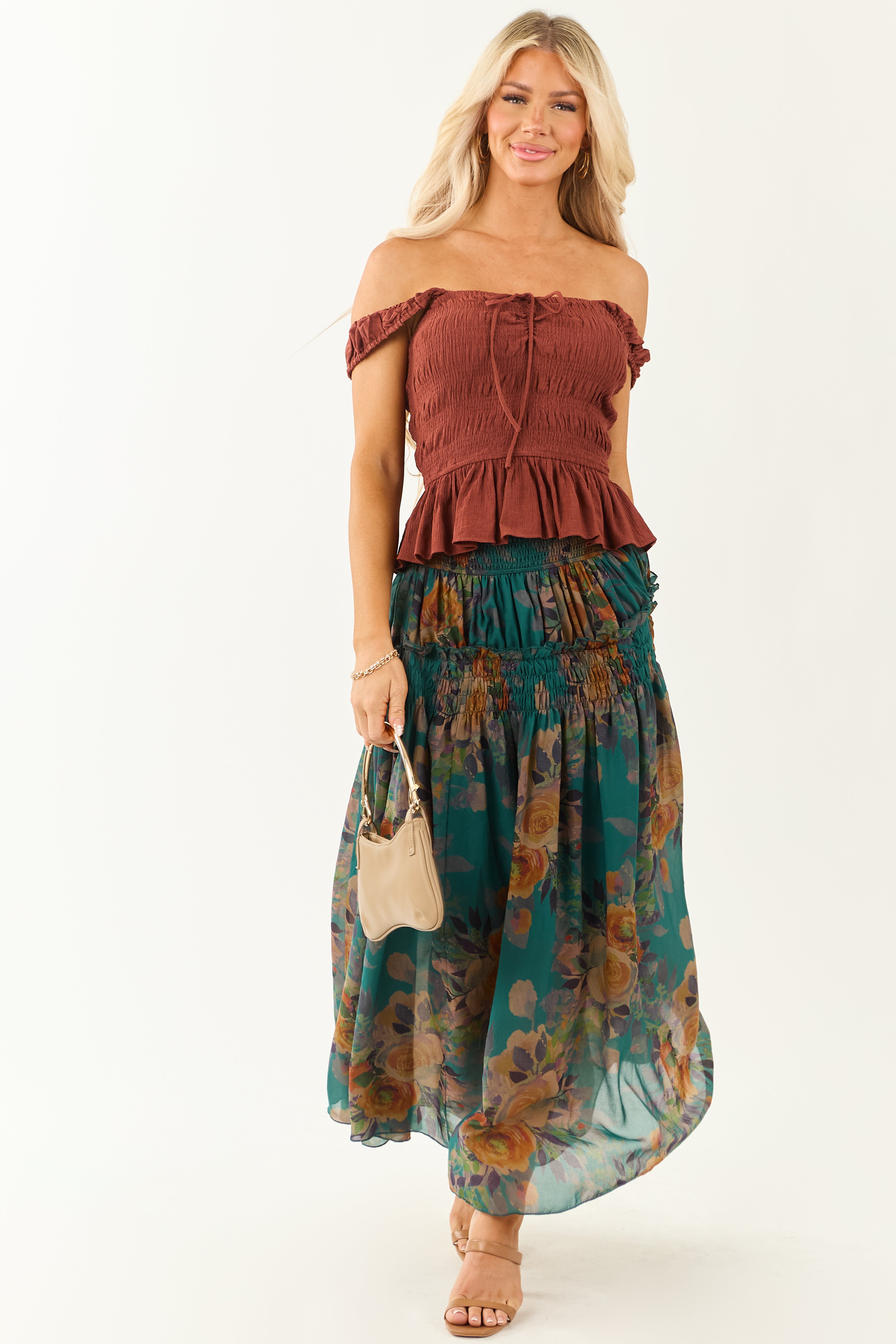 Cinnamon Smocked Bodice Ruffle Peplum Hem Tank Top