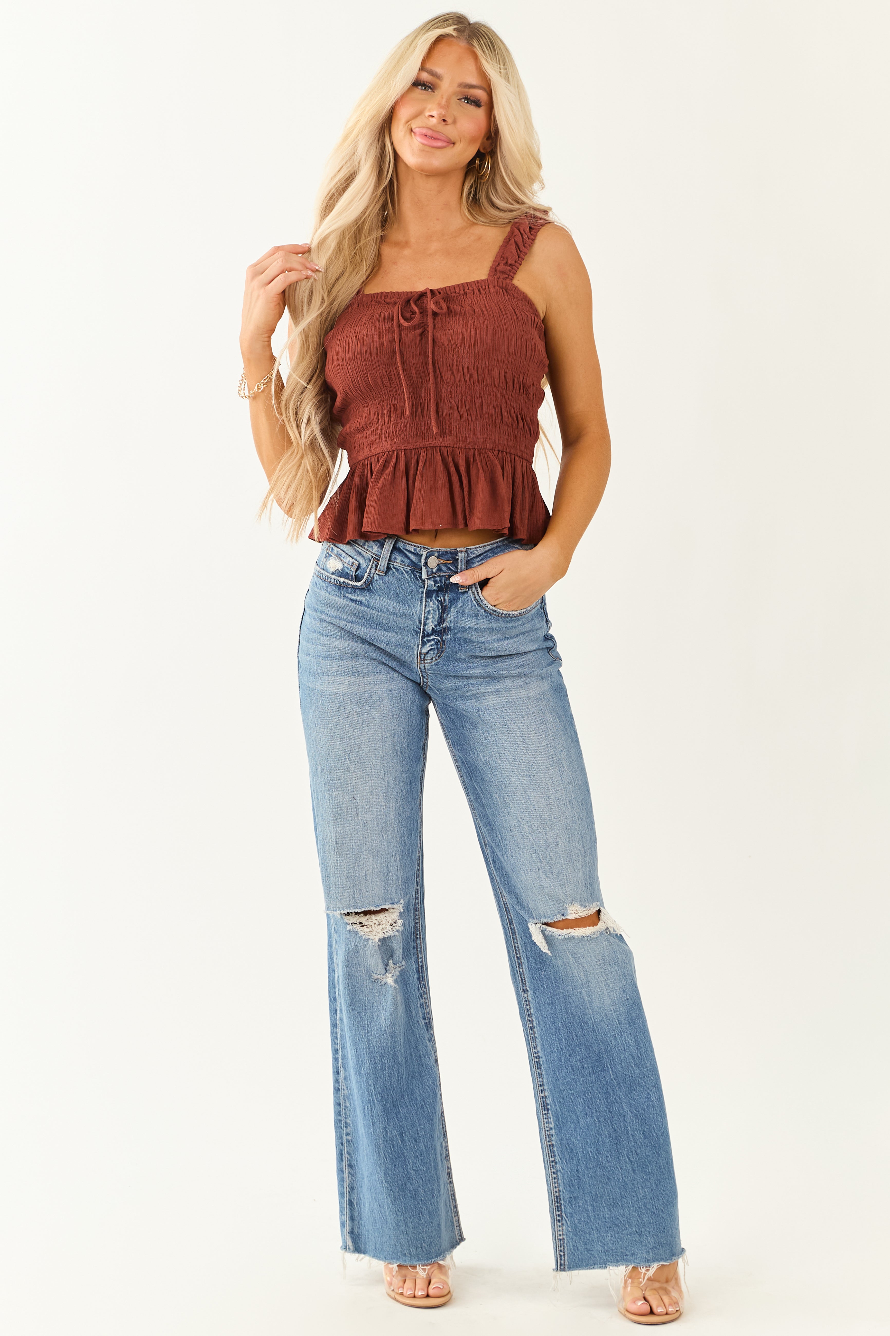Cinnamon Smocked Bodice Ruffle Peplum Hem Tank Top