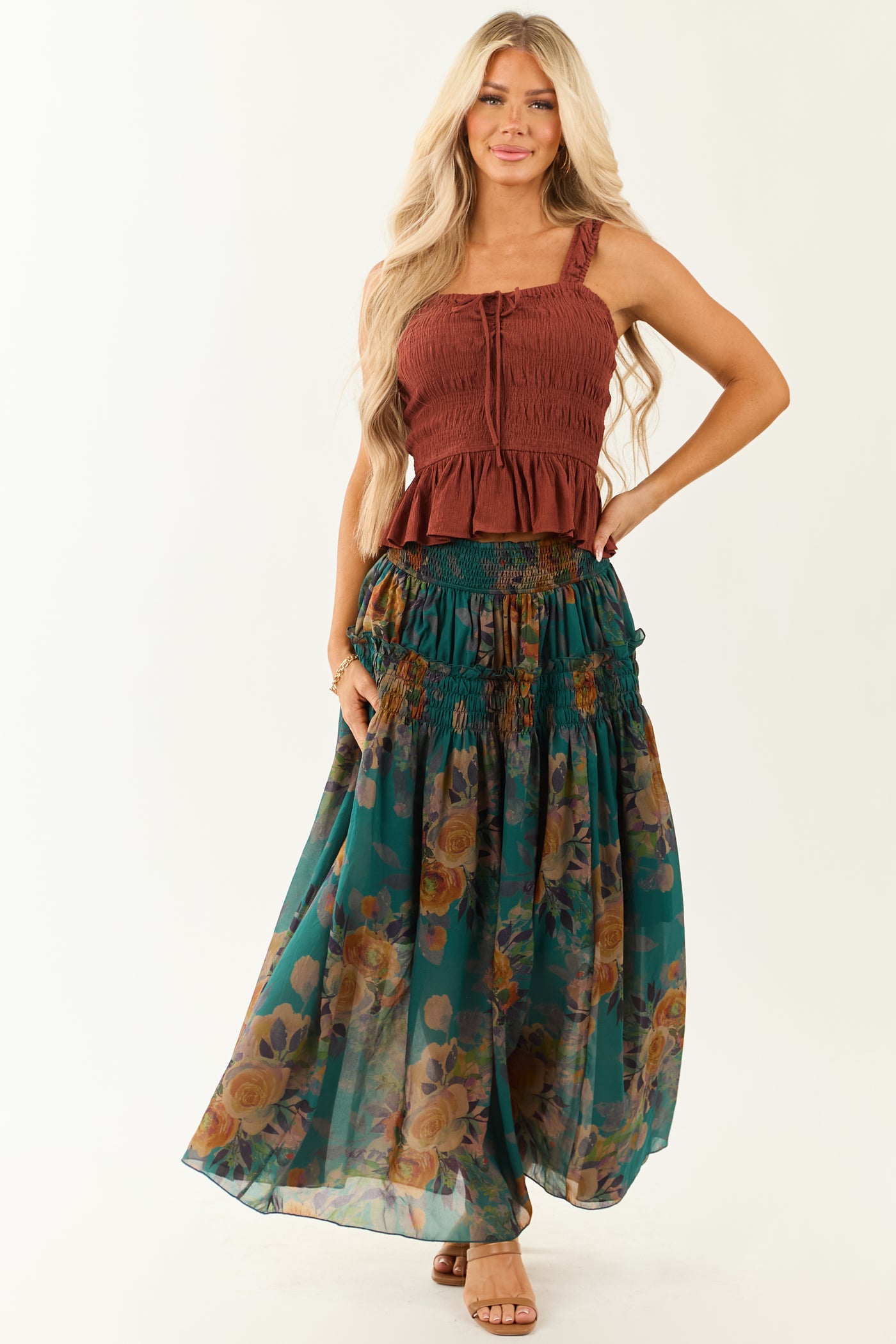Cinnamon Smocked Bodice Ruffle Peplum Hem Tank Top