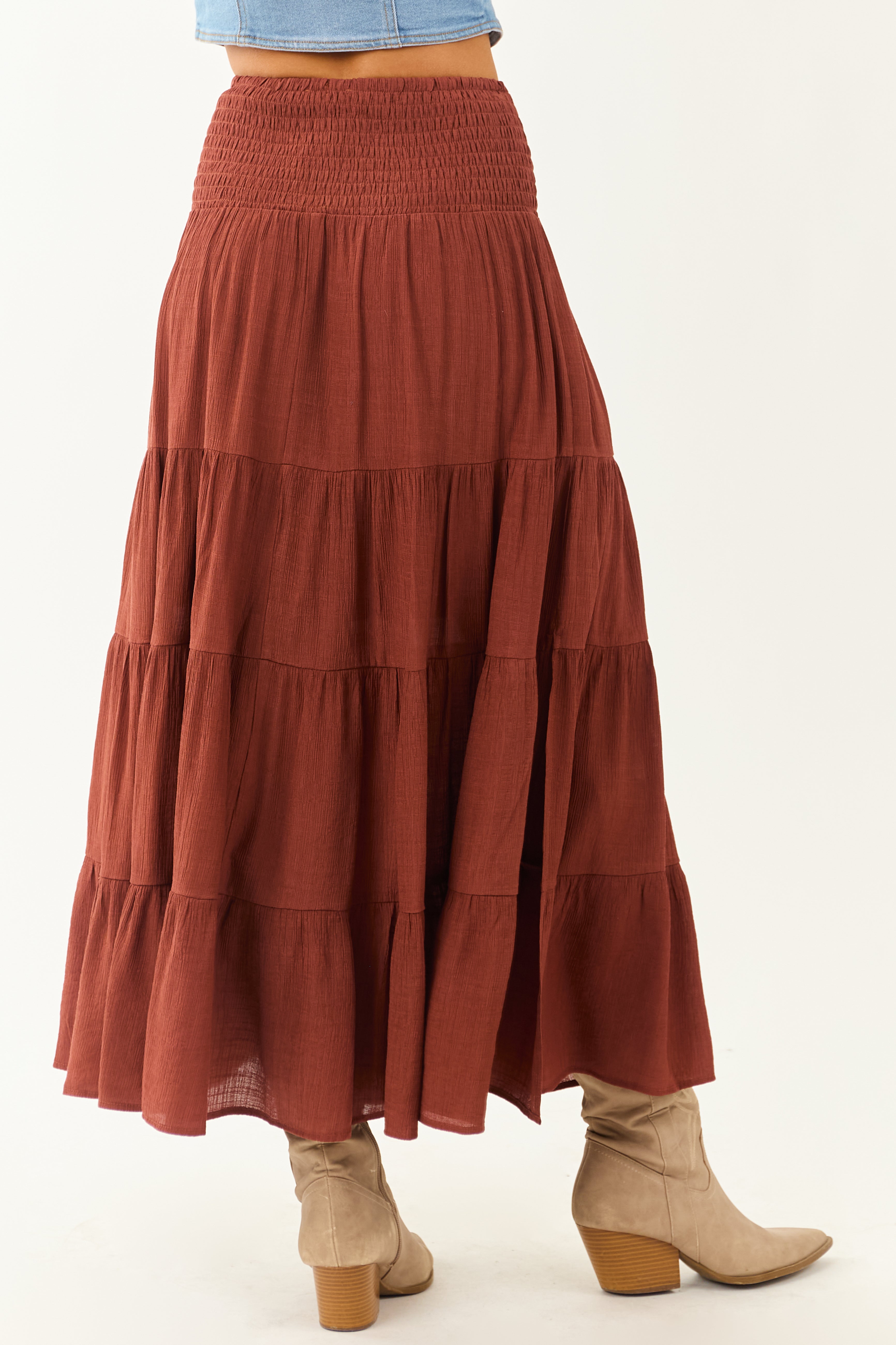 Cinnamon Smocked Waist Tiered Flowy Maxi Skirt