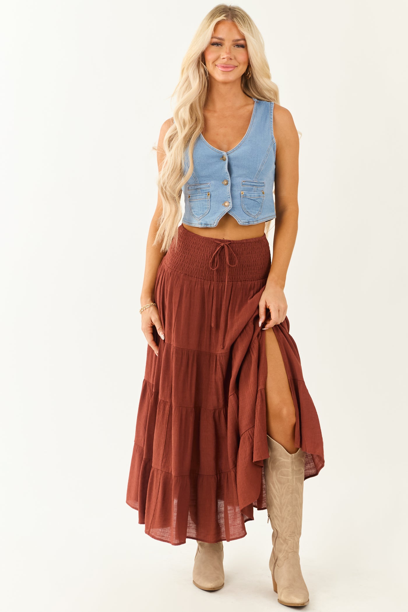 Cinnamon Smocked Waist Tiered Flowy Maxi Skirt