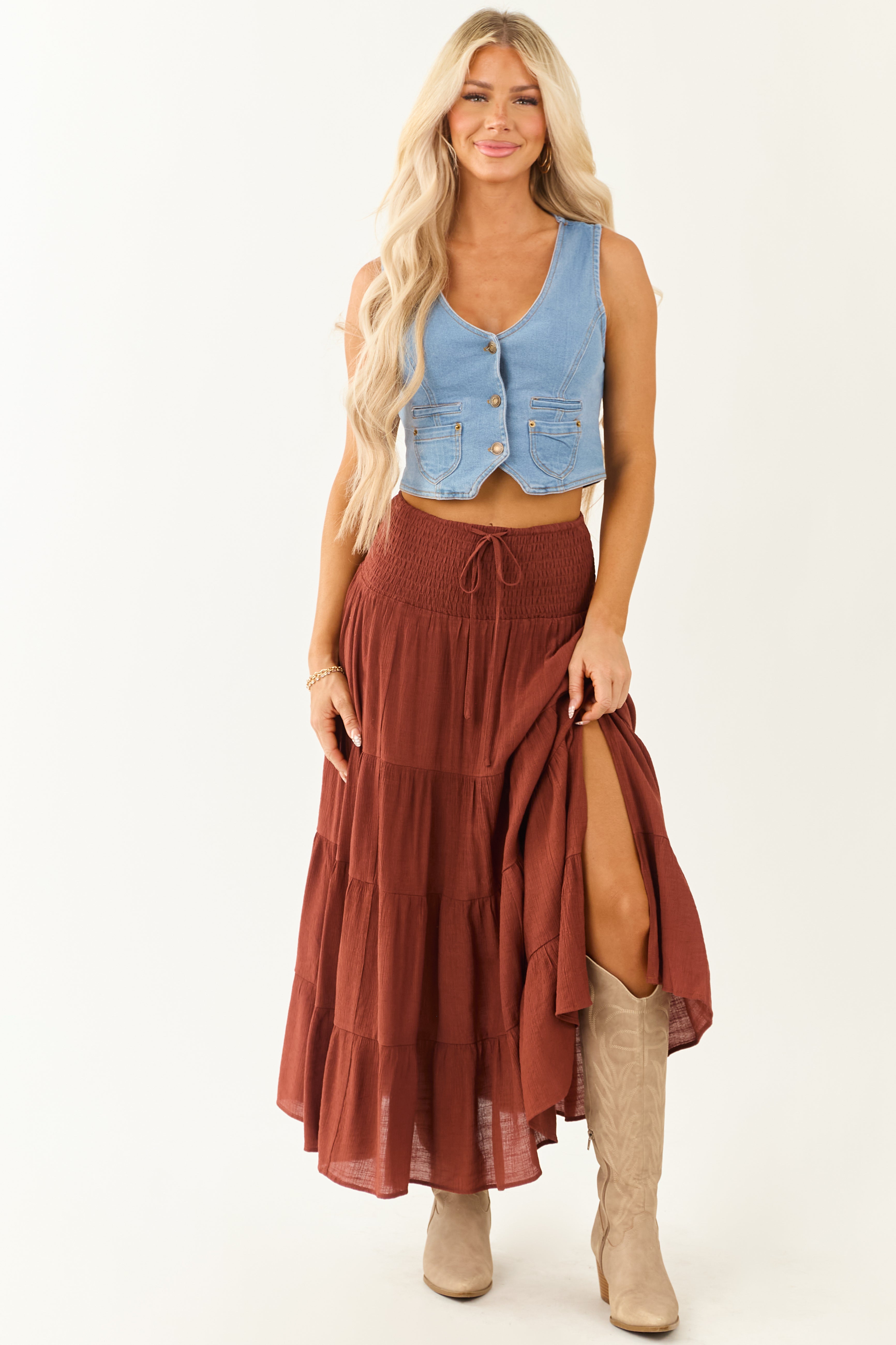 Cinnamon Smocked Waist Tiered Flowy Maxi Skirt
