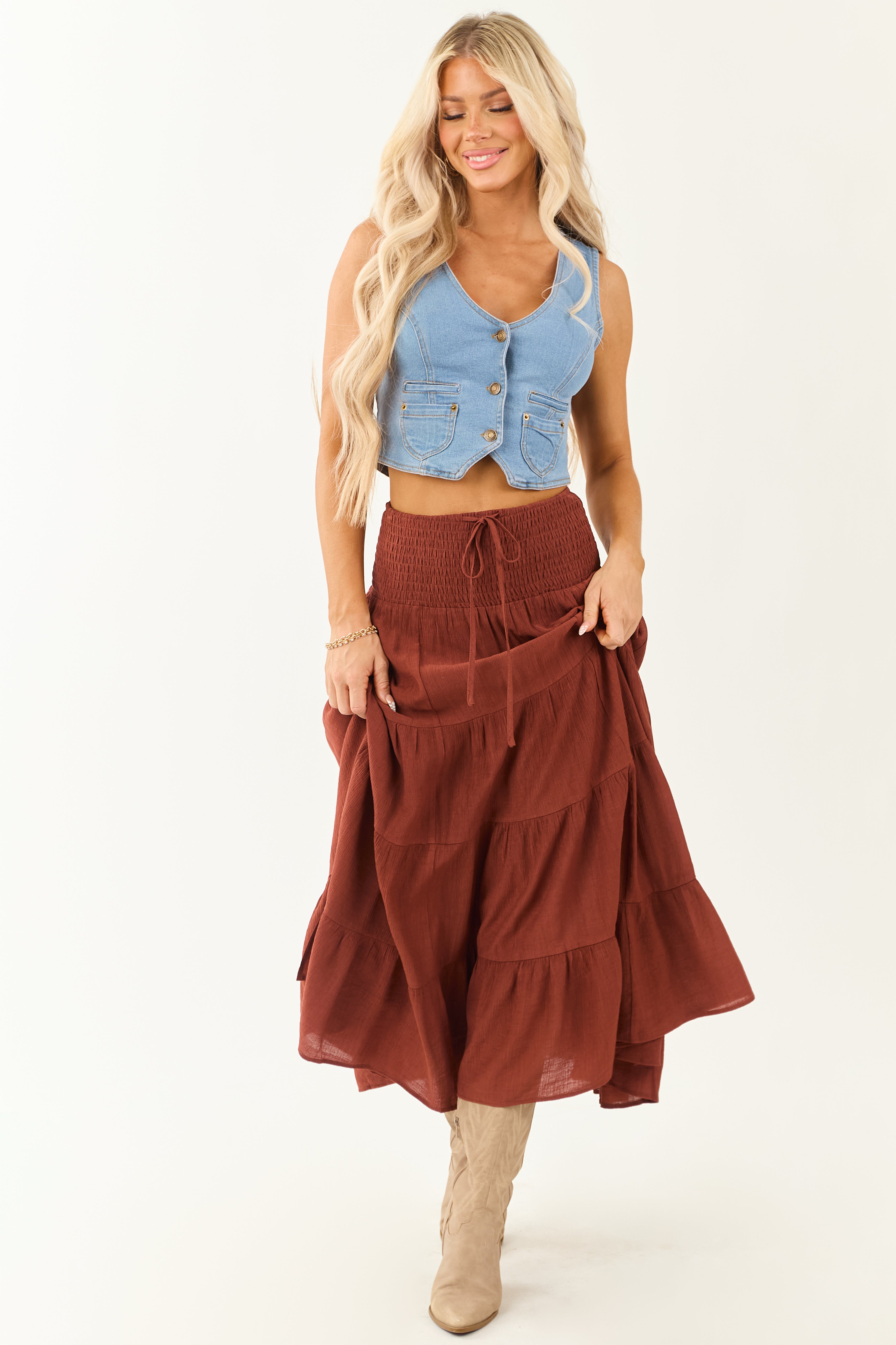 Cinnamon Smocked Waist Tiered Flowy Maxi Skirt