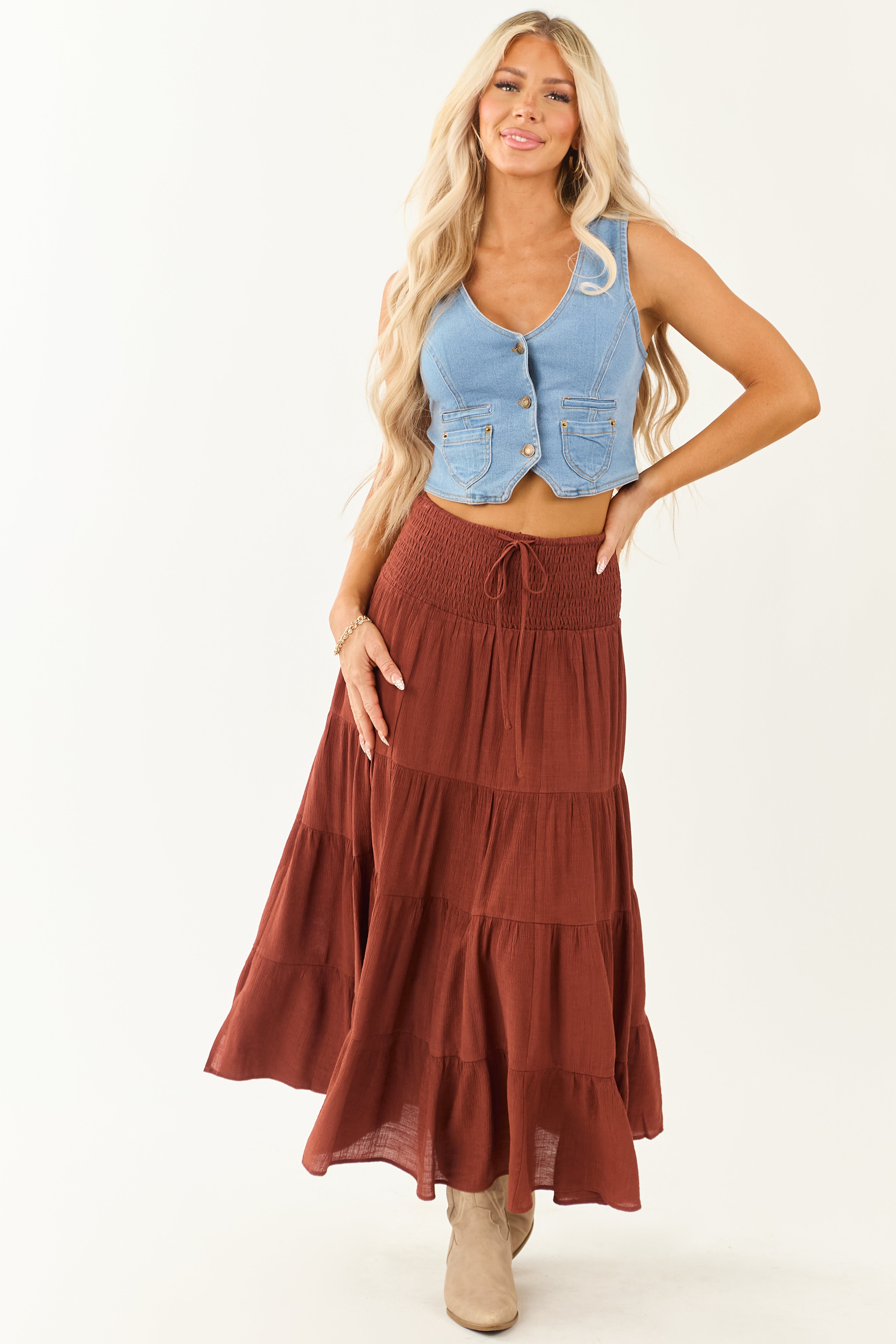 Cinnamon Smocked Waist Tiered Flowy Maxi Skirt