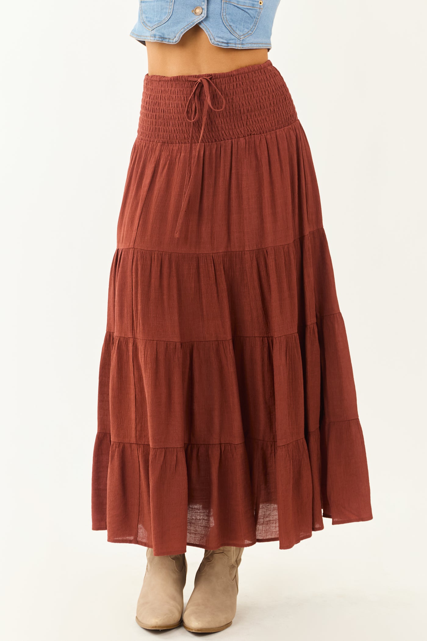 Cinnamon Smocked Waist Tiered Flowy Maxi Skirt