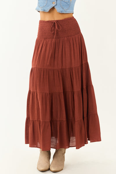 Cinnamon Smocked Waist Tiered Flowy Maxi Skirt