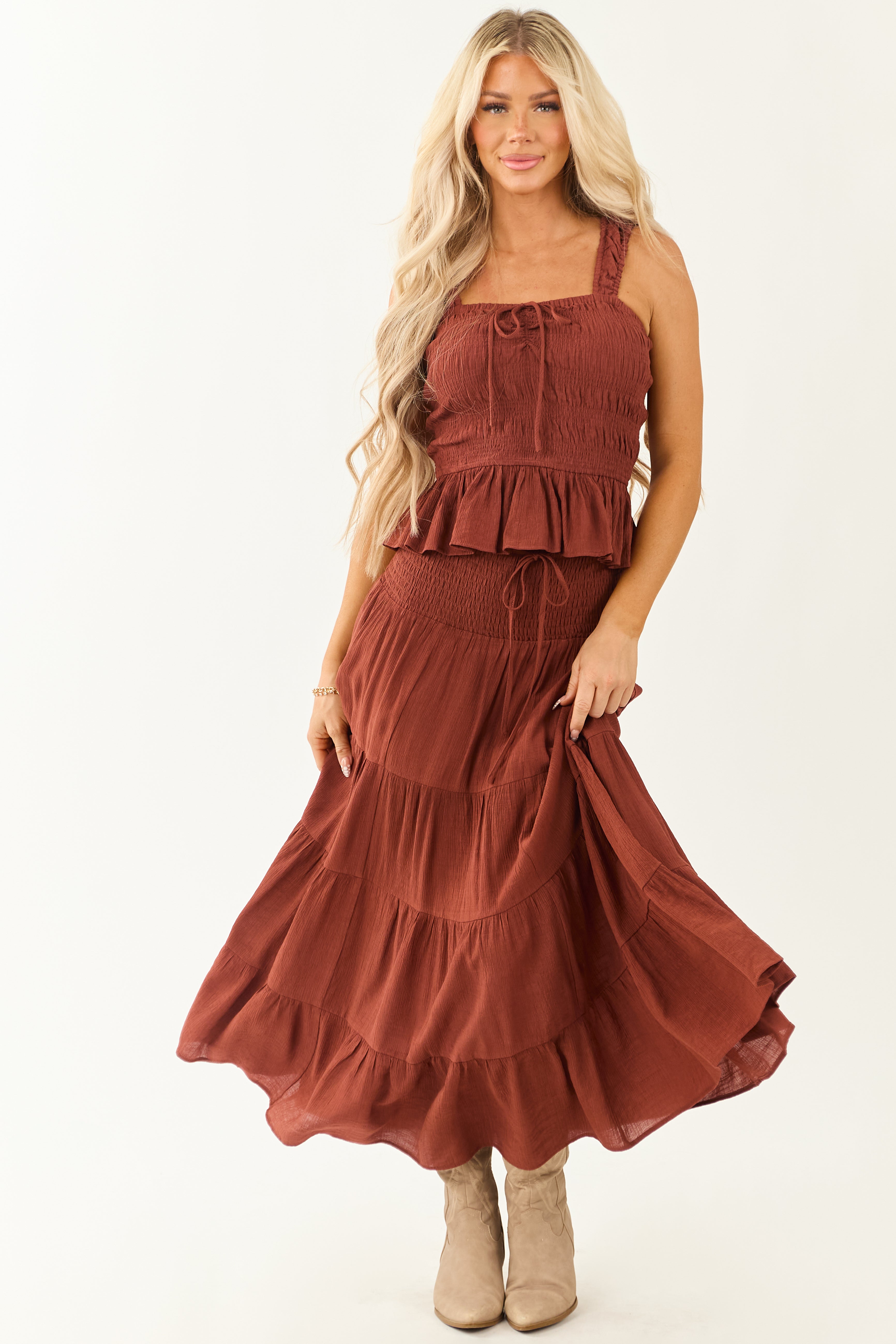 Cinnamon Smocked Waist Tiered Flowy Maxi Skirt