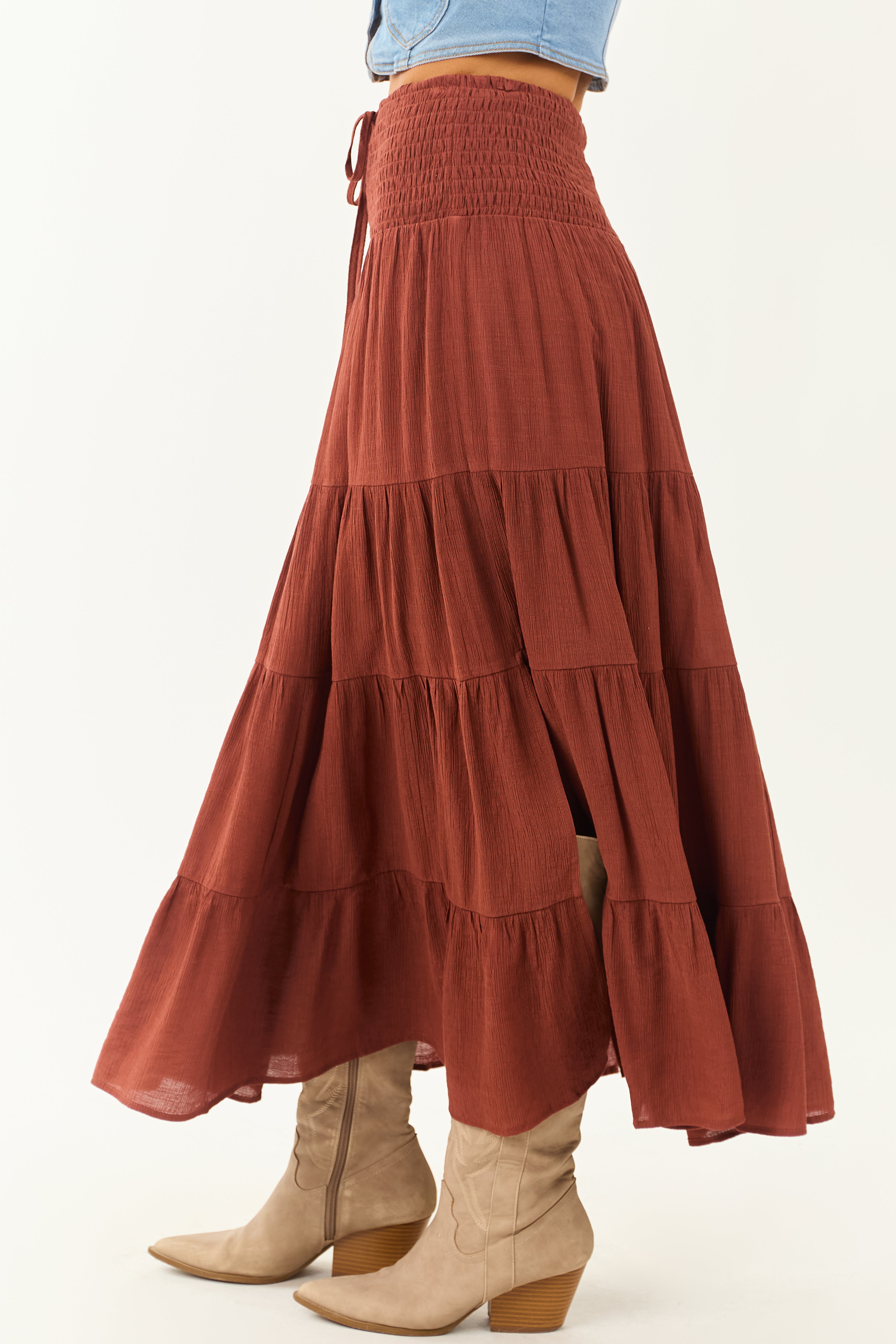Cinnamon Smocked Waist Tiered Flowy Maxi Skirt