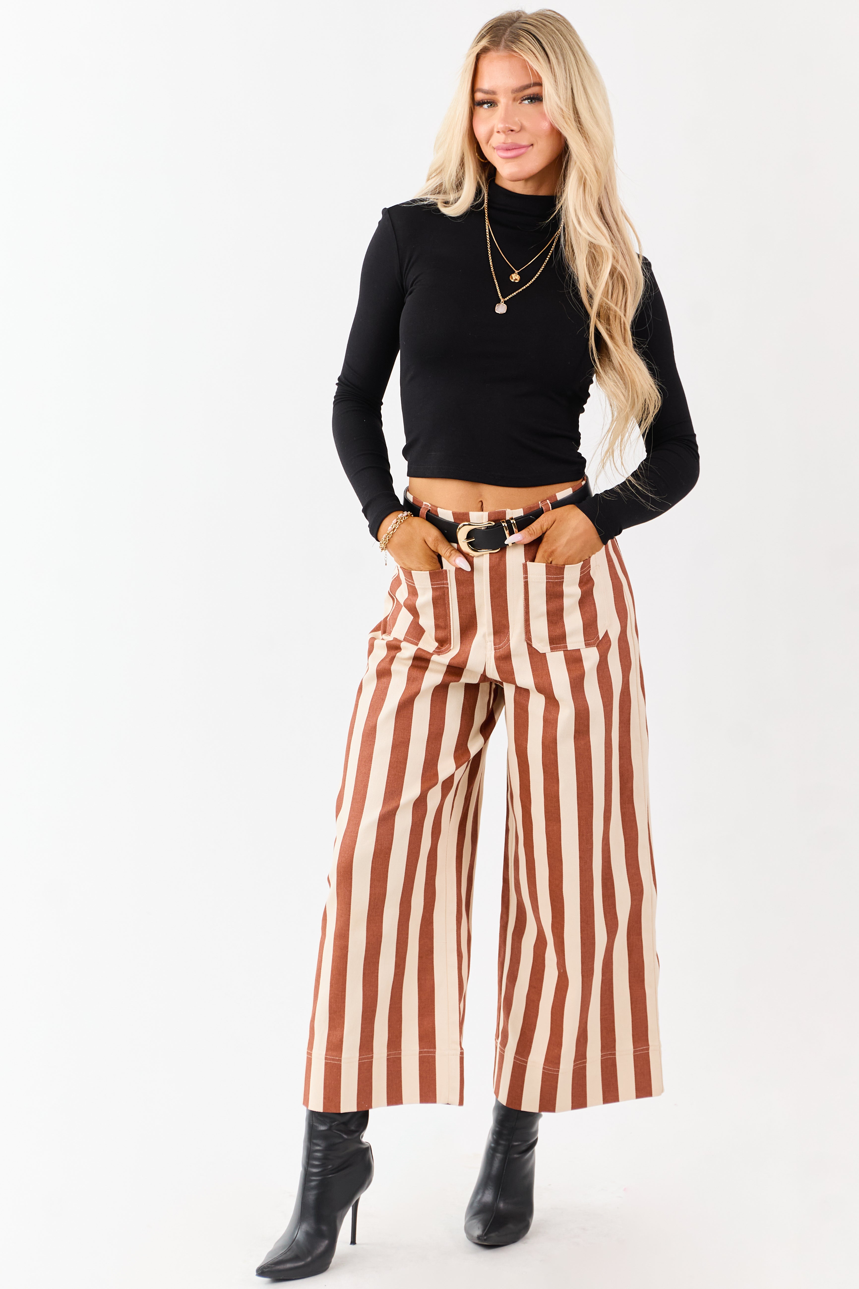 Cinnamon Striped Wide Leg Stretchy Denim Crop Pants