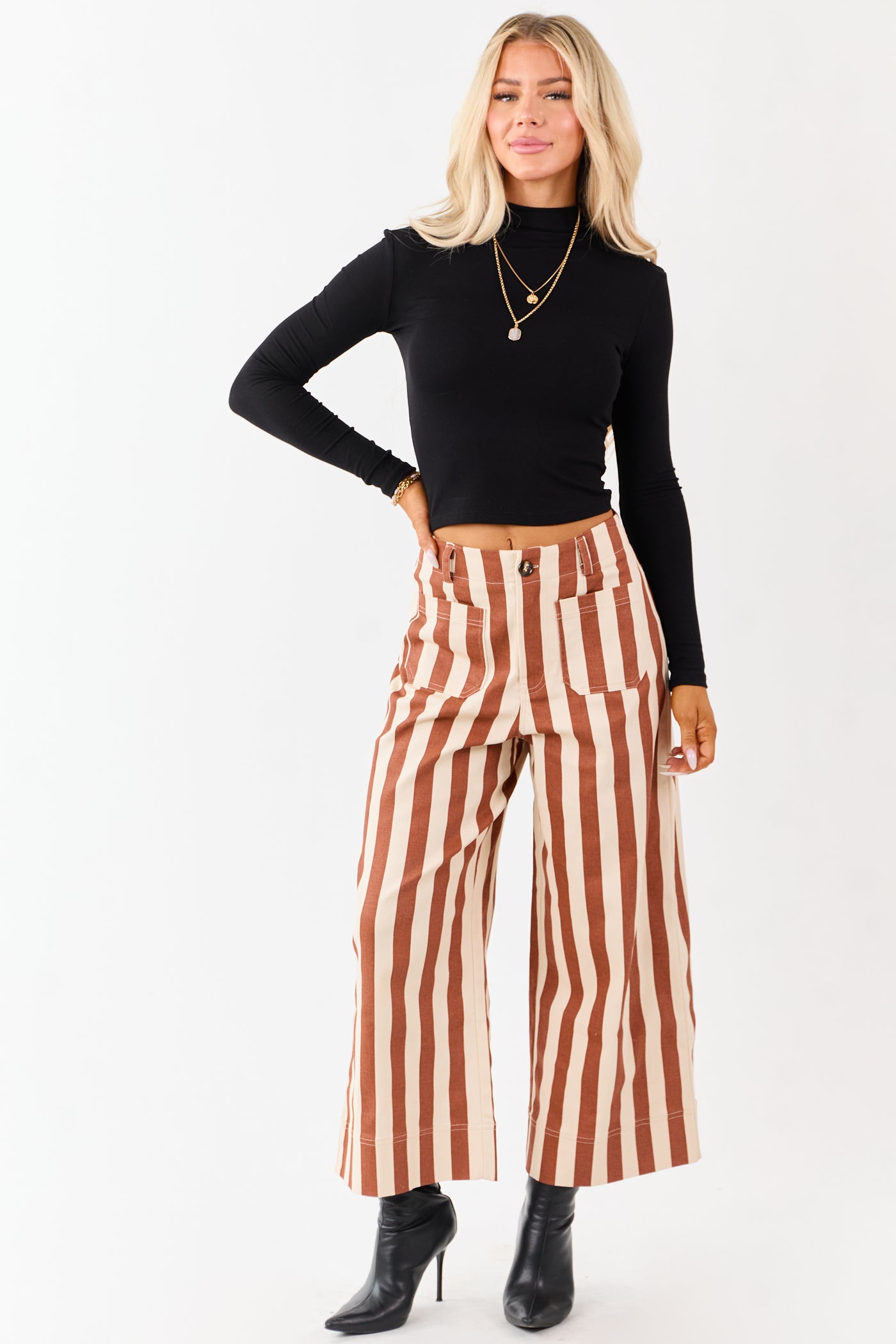 Cinnamon Striped Wide Leg Stretchy Denim Crop Pants