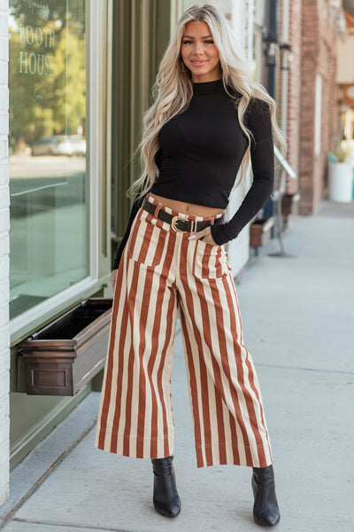 Cinnamon Striped Wide Leg Stretchy Denim Crop Pants