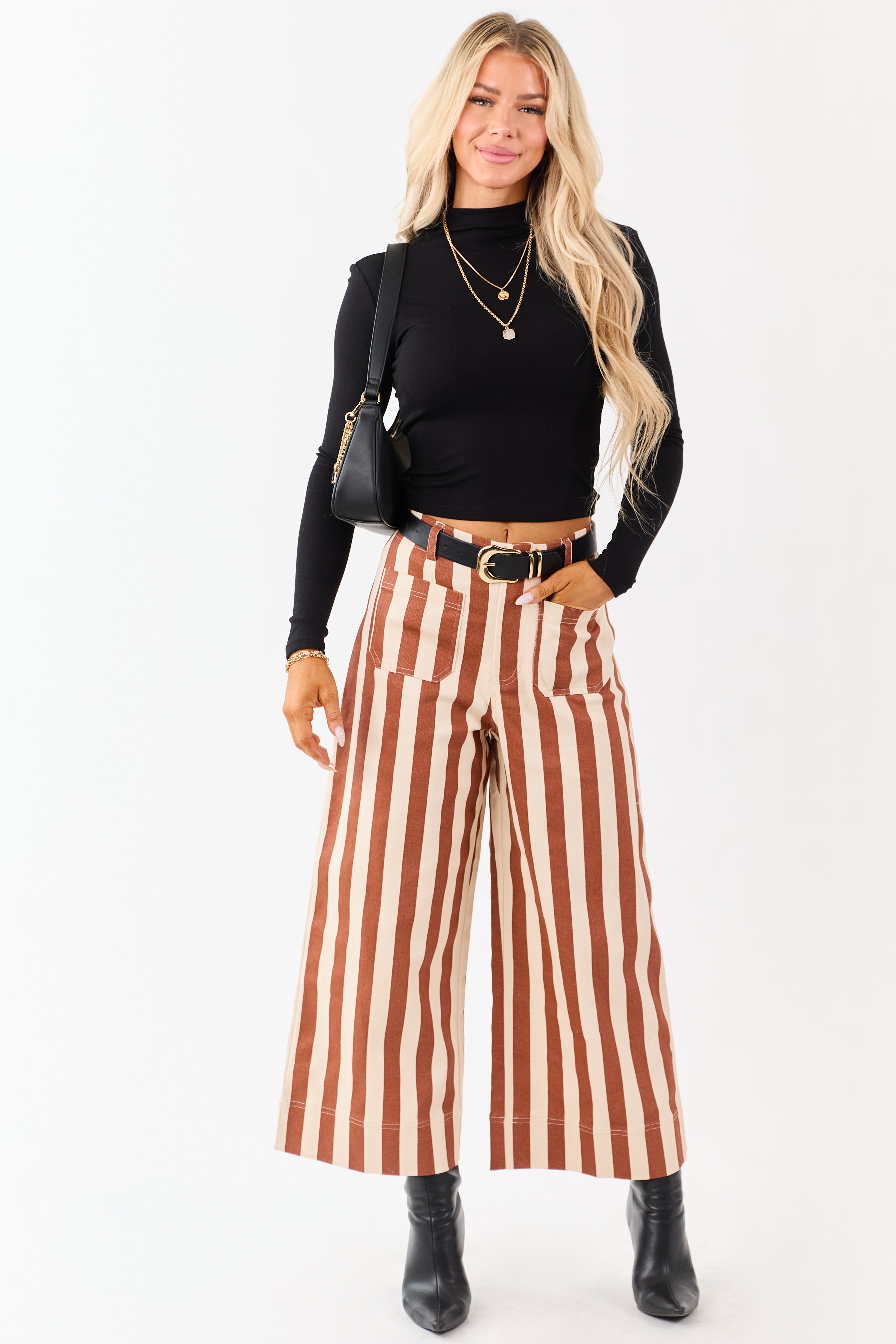 Cinnamon Striped Wide Leg Stretchy Denim Crop Pants | Lime Lush