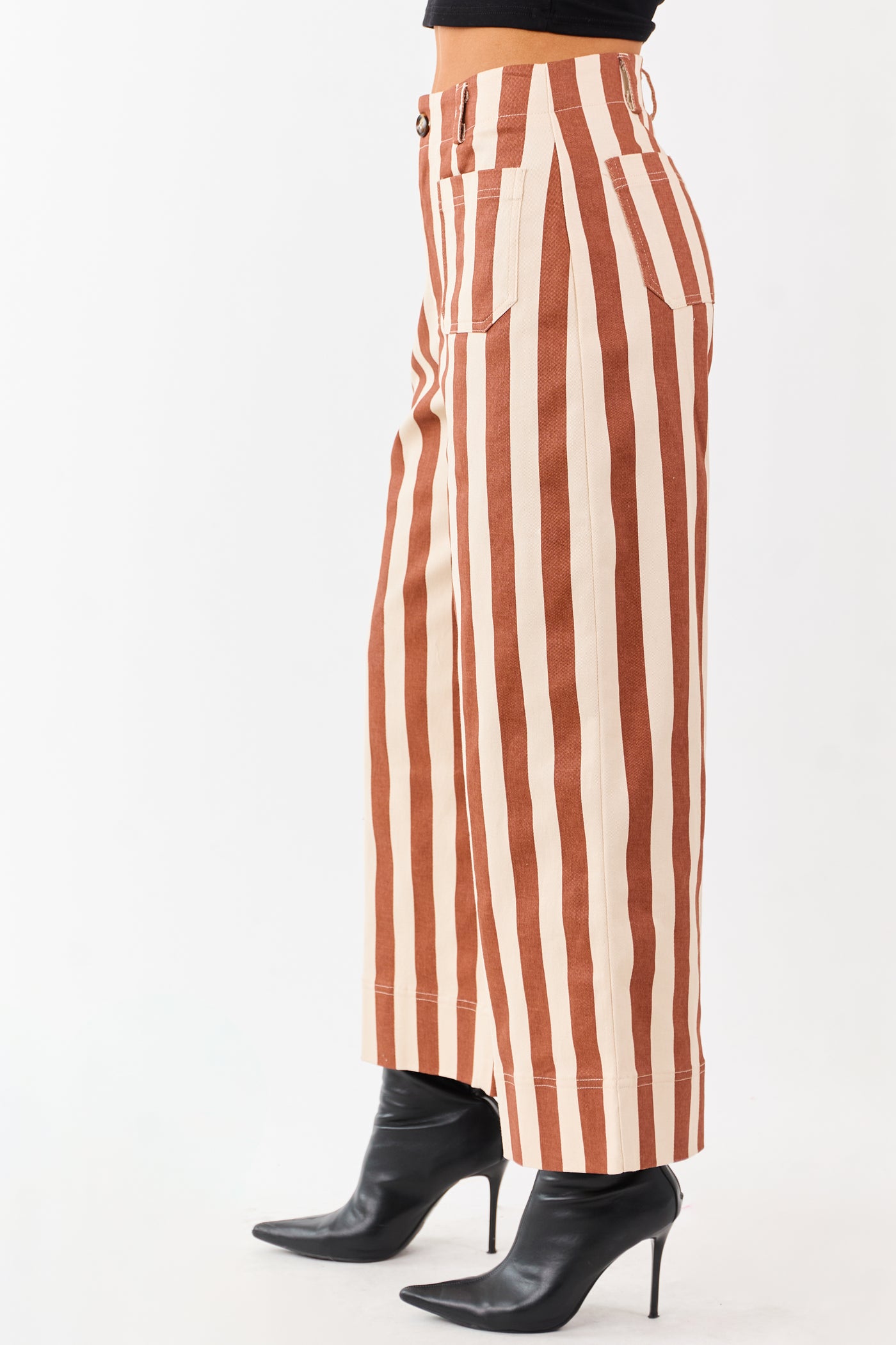 Cinnamon Striped Wide Leg Stretchy Denim Crop Pants