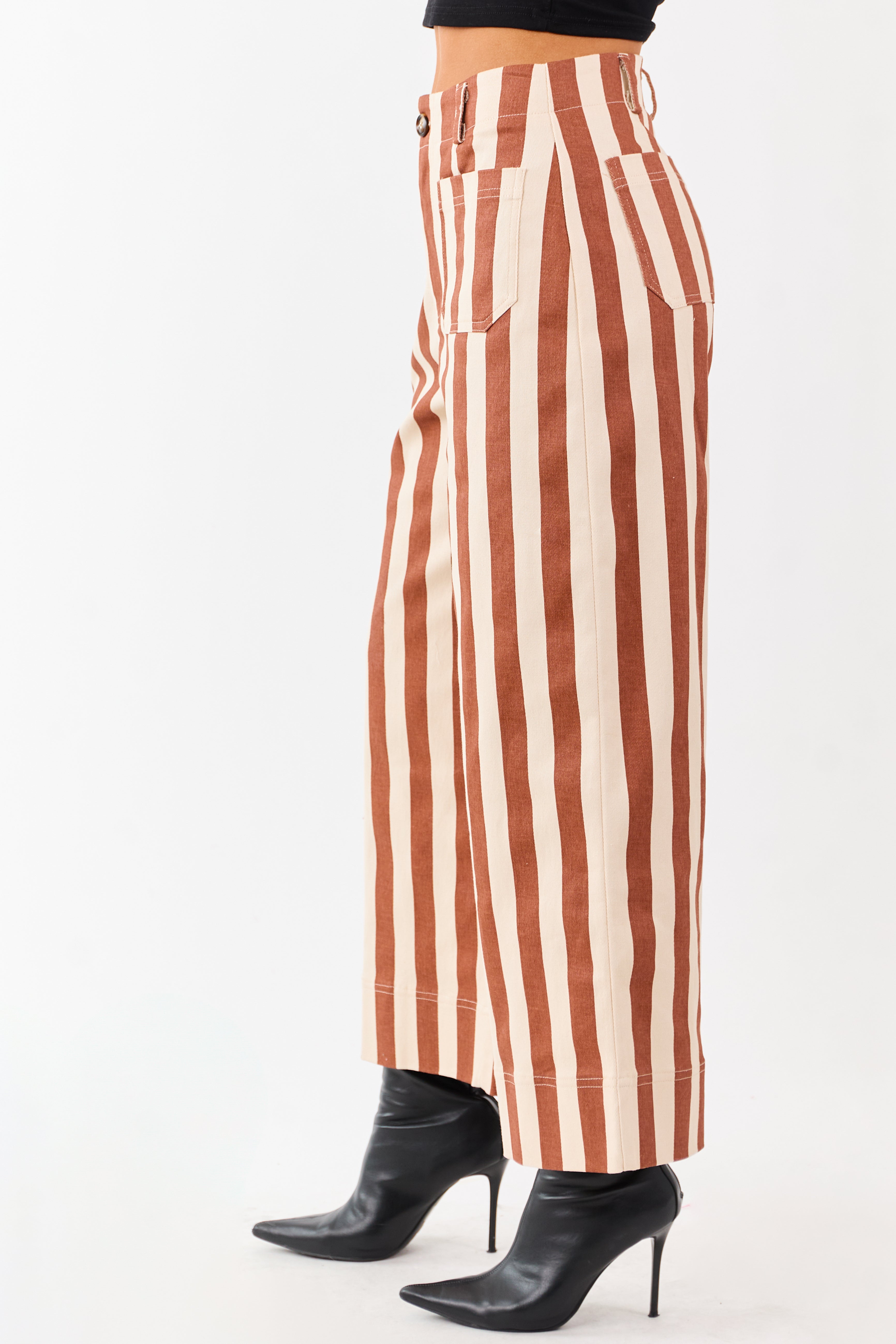 Cinnamon Striped Wide Leg Stretchy Denim Crop Pants