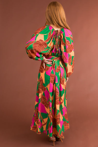 Cinnamon Tropical Print Open Tie Back Maxi Dress