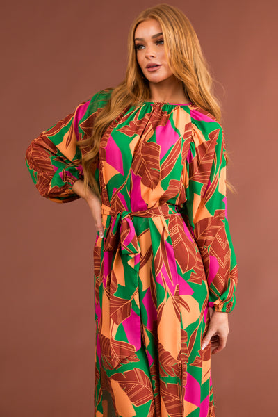 Cinnamon Tropical Print Open Tie Back Maxi Dress