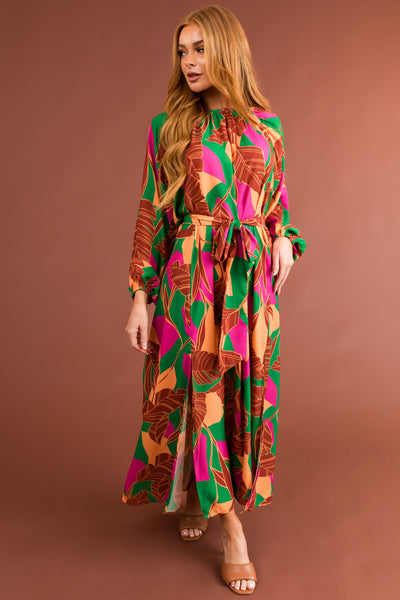Cinnamon Tropical Print Open Tie Back Maxi Dress