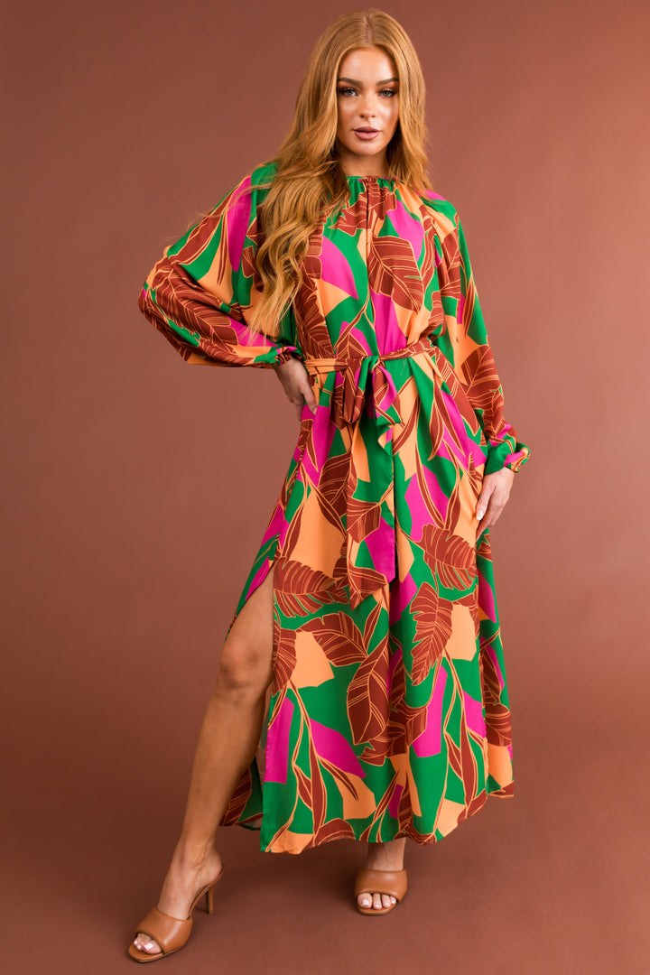 Cinnamon Tropical Print Open Tie Back Maxi Dress