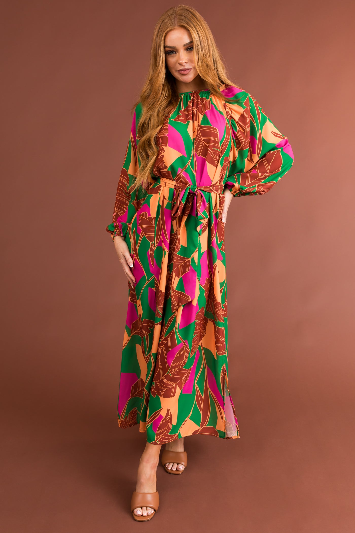 Cinnamon Tropical Print Open Tie Back Maxi Dress