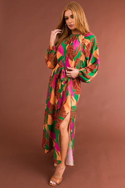 Cinnamon Tropical Print Open Tie Back Maxi Dress