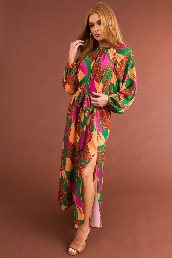 Cinnamon Tropical Print Open Tie Back Maxi Dress
