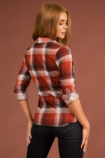 Cinnamon and Black Plaid Top with Chest Pocket