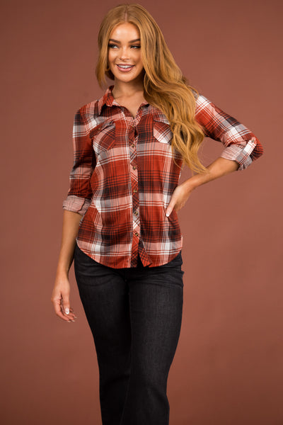Cinnamon and Black Plaid Top with Chest Pocket