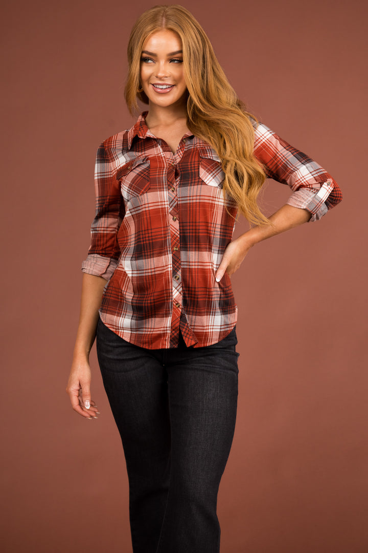 Cinnamon and Black Plaid Top with Chest Pocket