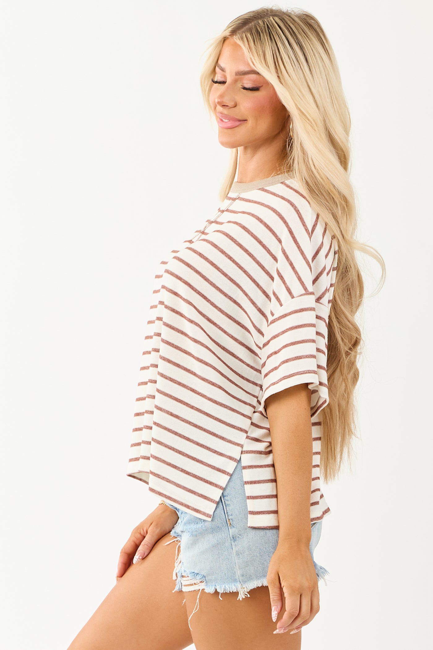 Cinnamon and Ivory Striped Knit Half Sleeve Relaxed Top