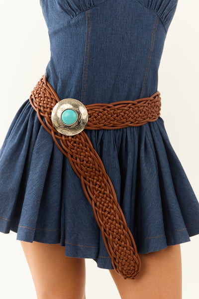 Cinnamon Braided Faux Leather Western Buckle Belt