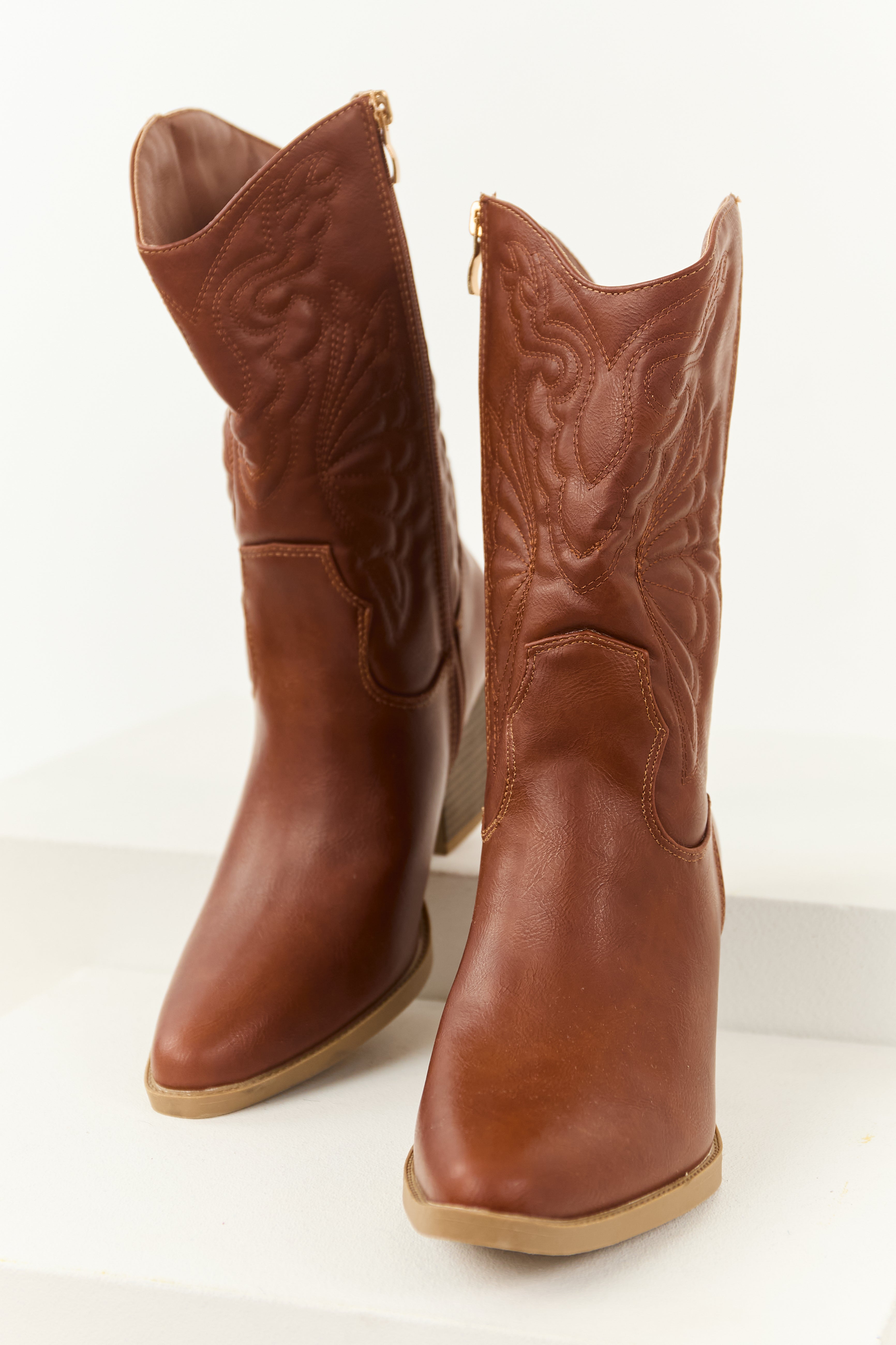 Cinnamon Faux Leather Block Heel Cowboy Boots