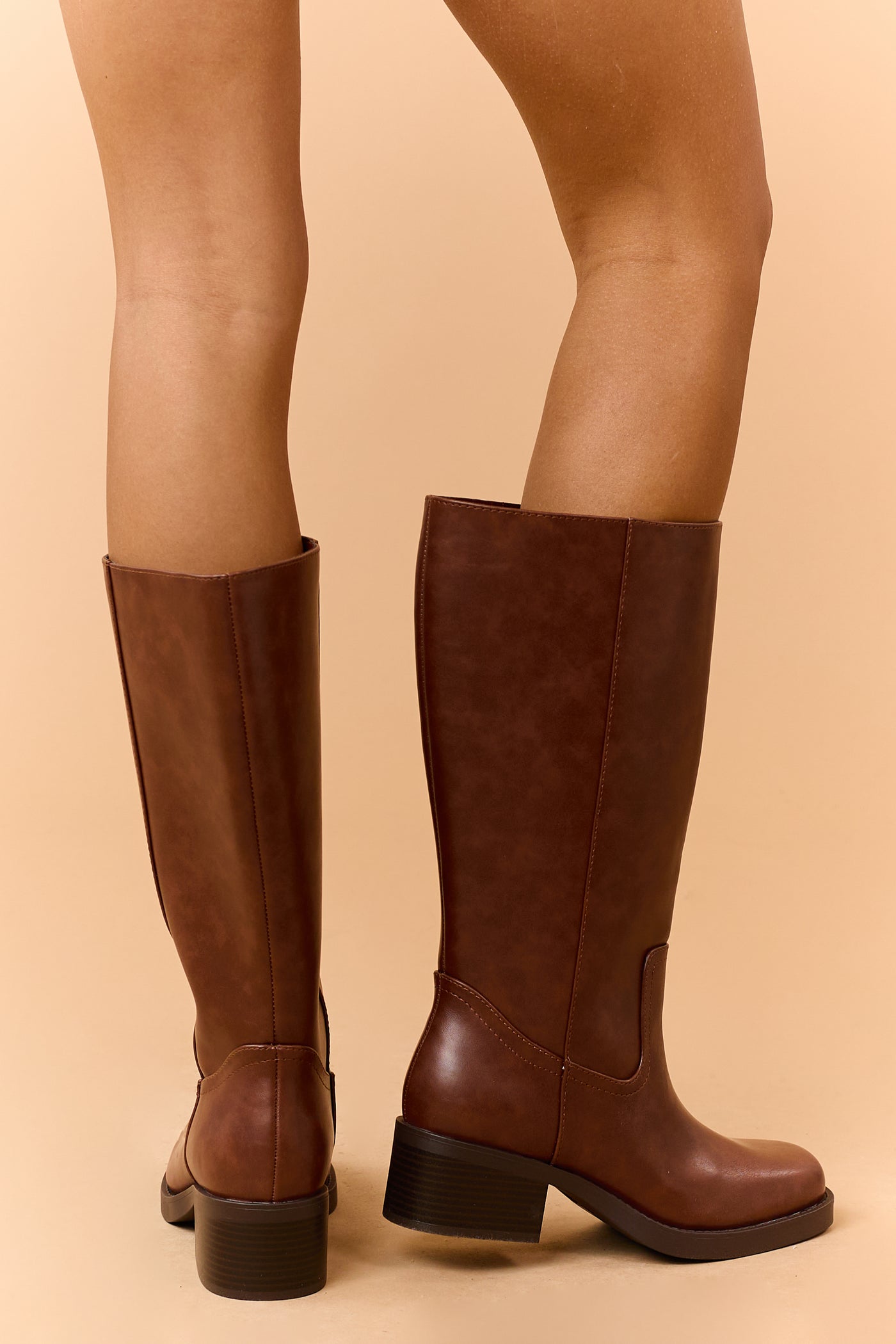 Cinnamon Faux Leather Block Heel Tall Riding Boots